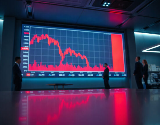 Trading screen showing a sharp downward candlestick chart in a dim office, symbolizing crypto futures liquidations.