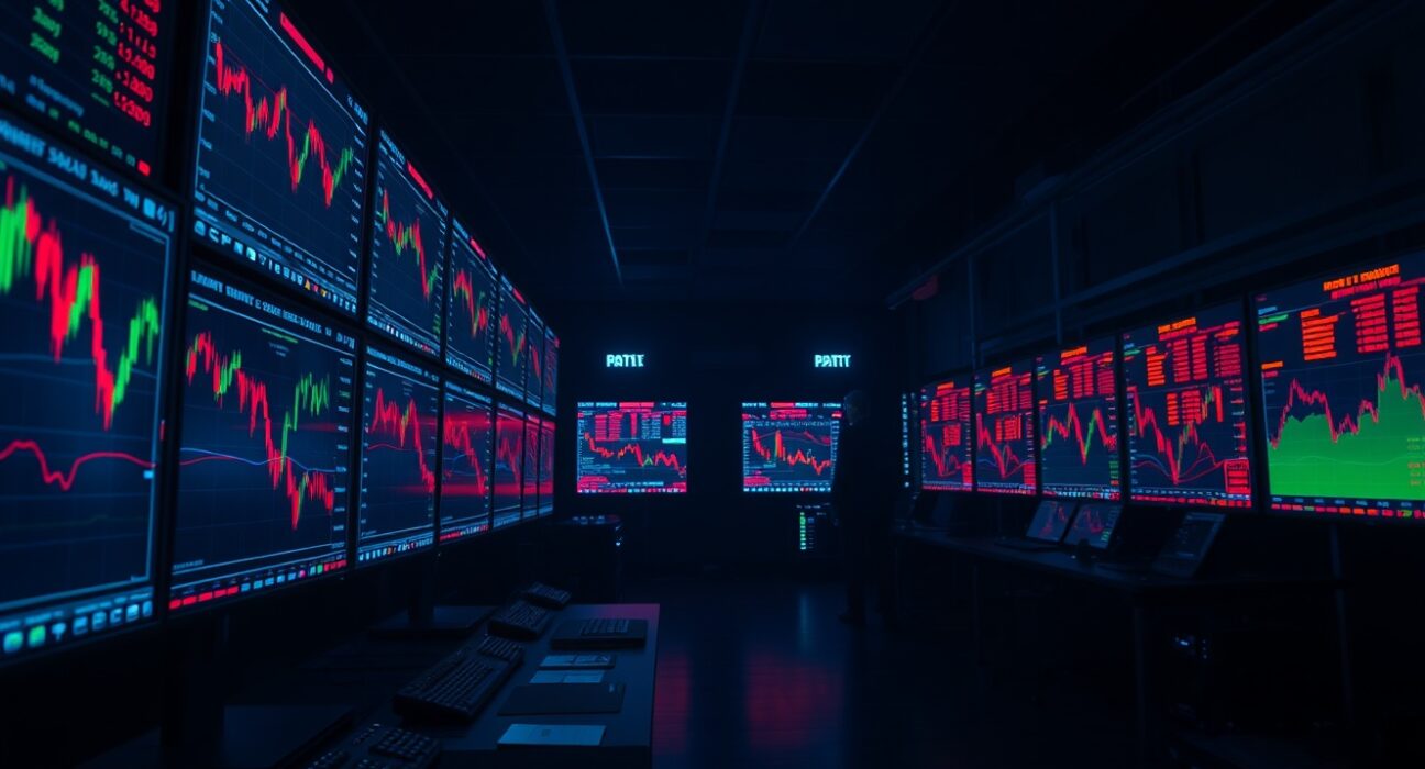 Trading desk monitors showing crypto futures liquidation data and price charts in a dimly lit room