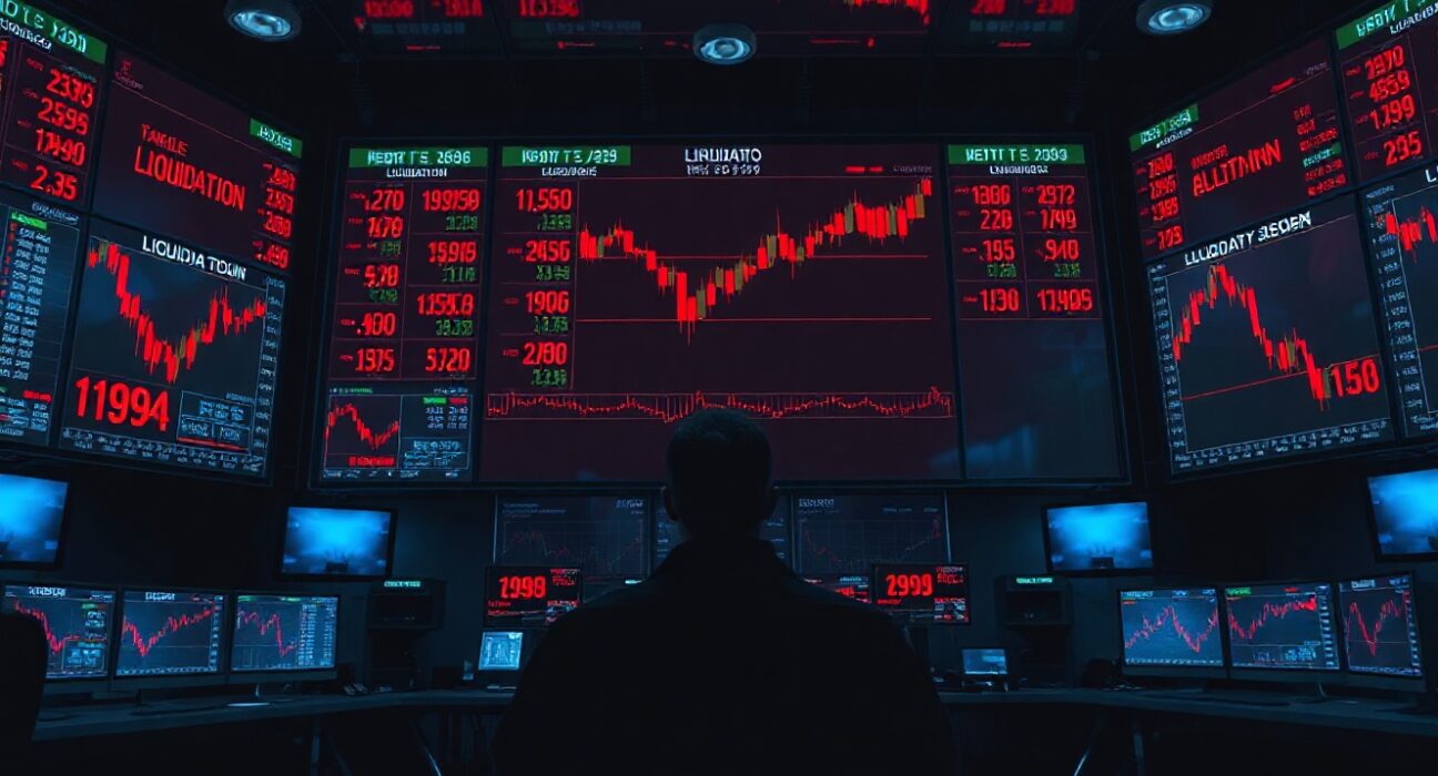 Dark trading room with monitors showing crypto futures liquidation data and red candlestick charts