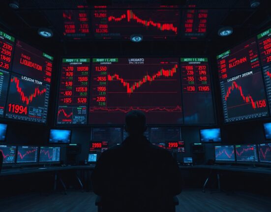 Dark trading room with monitors showing crypto futures liquidation data and red candlestick charts