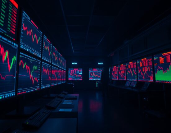 Trading desk monitors showing crypto futures liquidation data and price charts in a dimly lit room