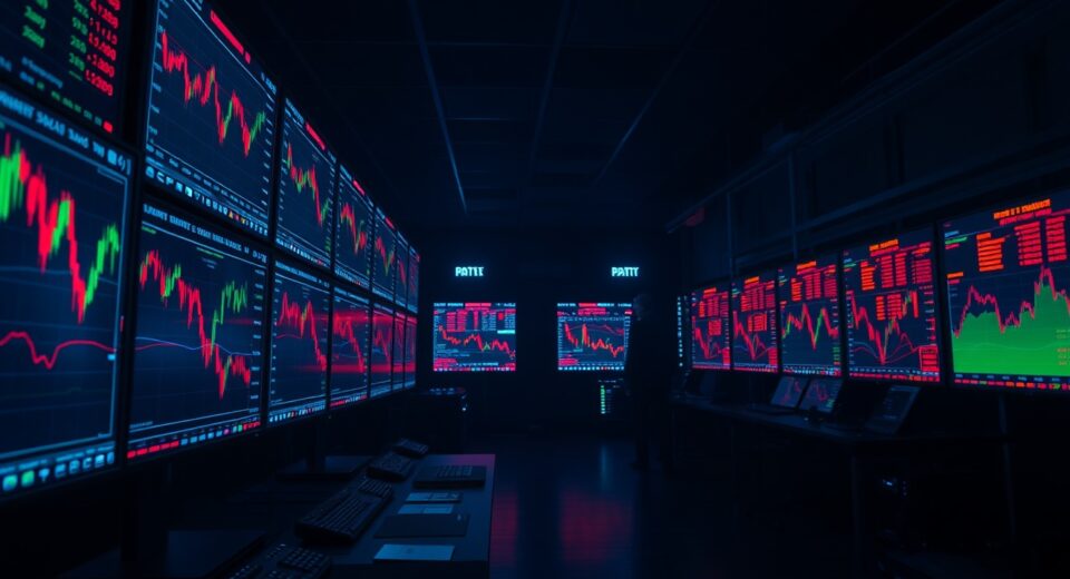 Trading desk monitors showing crypto futures liquidation data and price charts in a dimly lit room