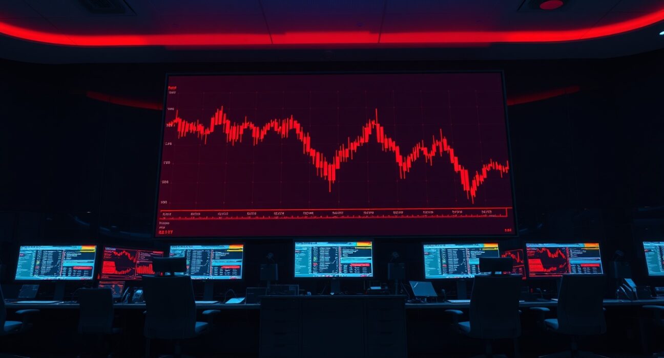 Digital trading screen showing red candlestick chart and liquidation data in a dimly lit trading room.