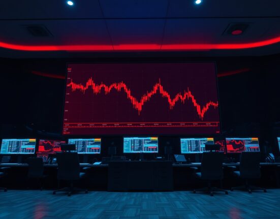 Digital trading screen showing red candlestick chart and liquidation data in a dimly lit trading room.