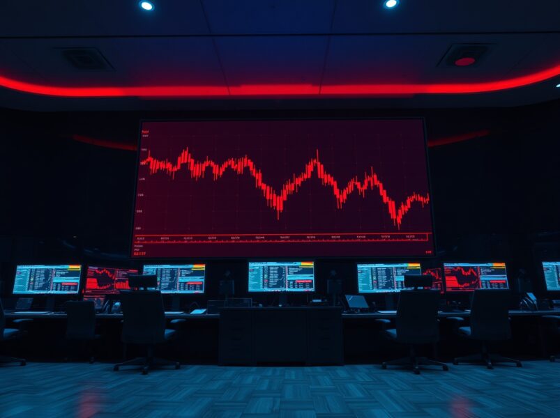 Digital trading screen showing red candlestick chart and liquidation data in a dimly lit trading room.