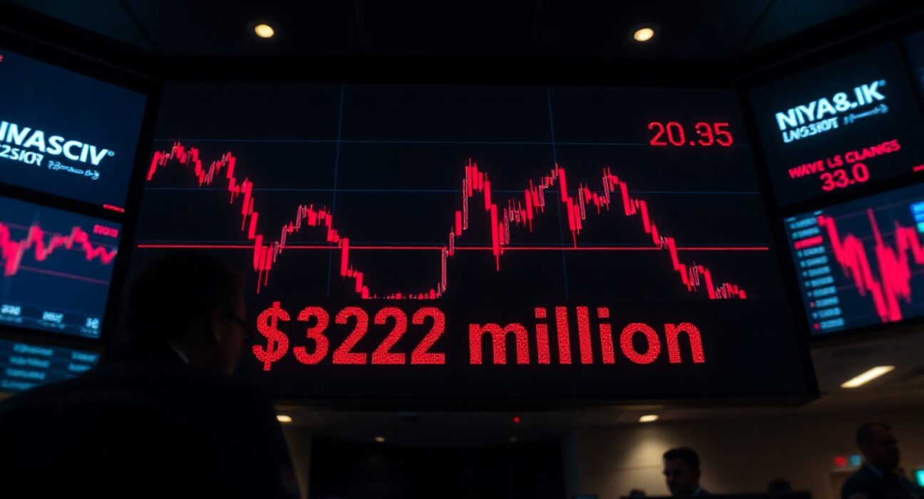 Digital trading screen showing $322 million in crypto futures liquidations with red candlestick charts