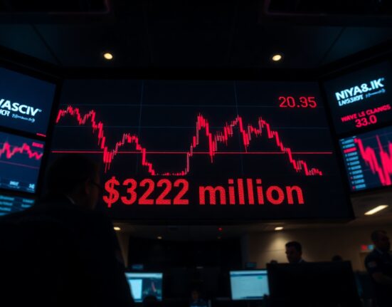 Digital trading screen showing $322 million in crypto futures liquidations with red candlestick charts