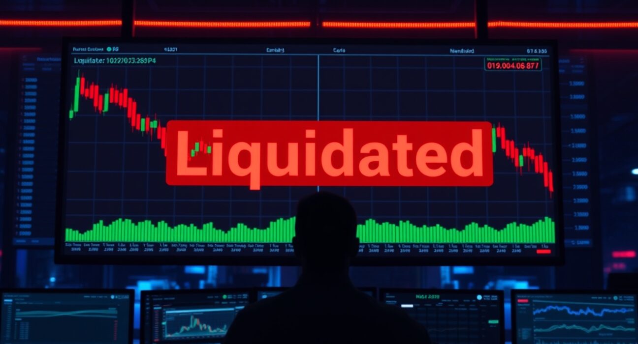 Digital trading dashboard showing sharp red candlestick charts and a liquidation warning symbol.