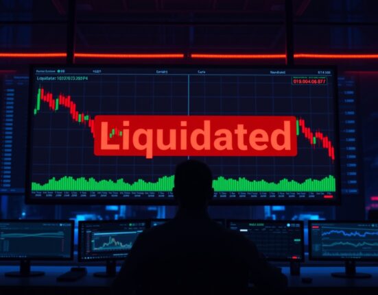 Digital trading dashboard showing sharp red candlestick charts and a liquidation warning symbol.