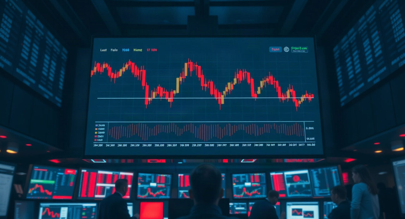 Trading screen showing crypto futures liquidations and red candlestick charts