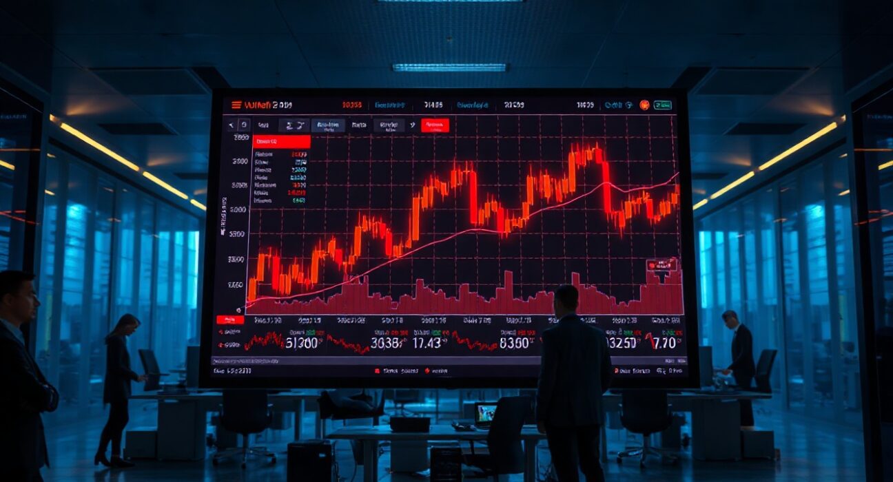 Red candlestick chart on a trading monitor showing crypto futures liquidation spike
