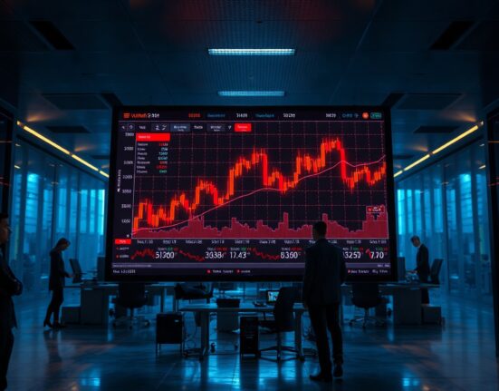 Red candlestick chart on a trading monitor showing crypto futures liquidation spike