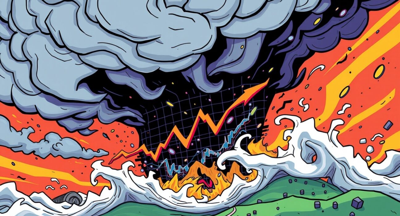 A vibrant cartoon illustrating the storm of crypto futures liquidations wiping out leveraged positions.