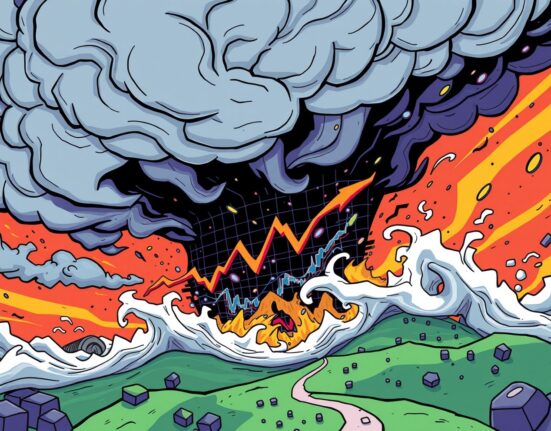 A vibrant cartoon illustrating the storm of crypto futures liquidations wiping out leveraged positions.