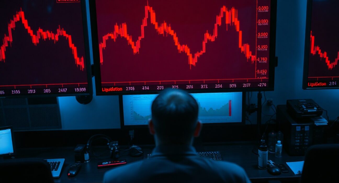 Trading floor monitors showing sharp red candlestick charts during a crypto futures liquidation event