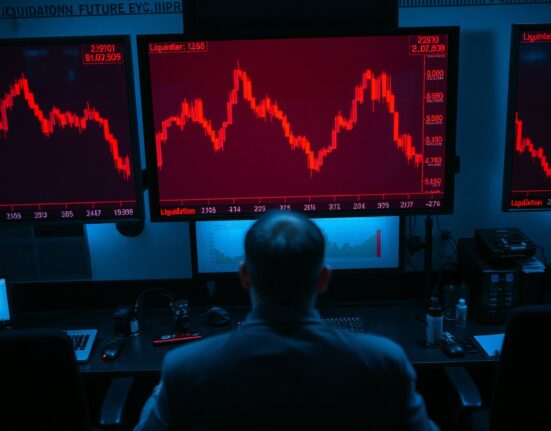 Trading floor monitors showing sharp red candlestick charts during a crypto futures liquidation event