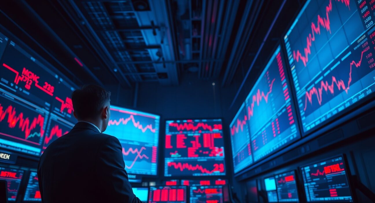 Trader observing red cryptocurrency charts on multiple monitors in a dimly lit trading floor