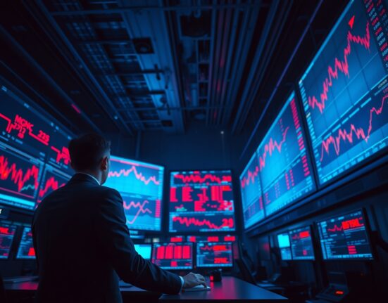 Trader observing red cryptocurrency charts on multiple monitors in a dimly lit trading floor