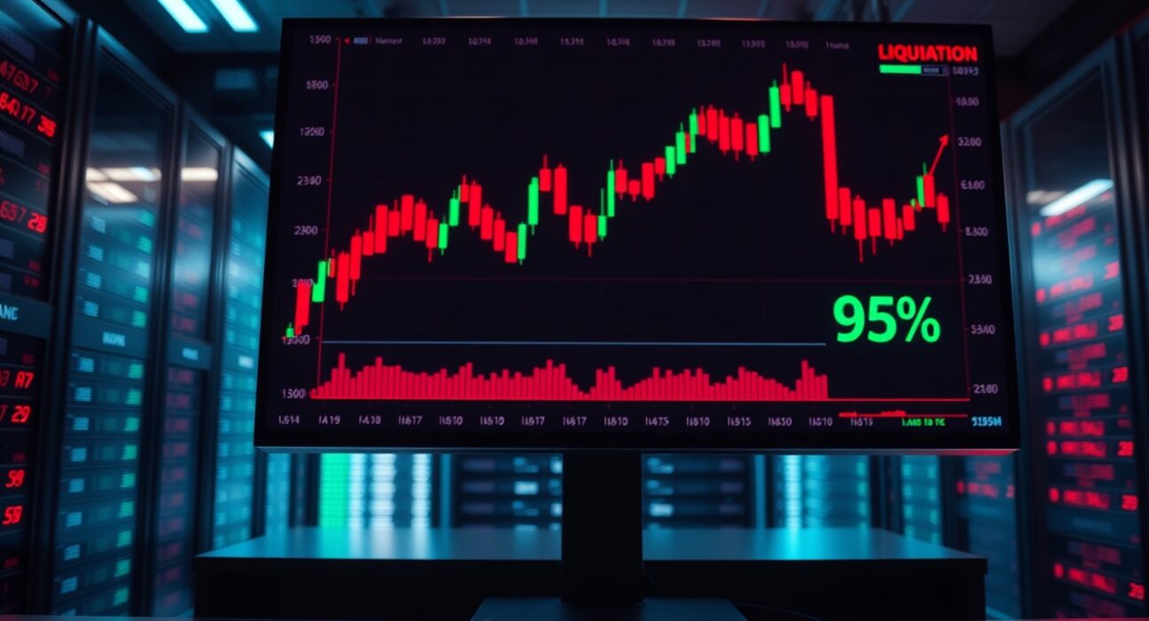 Digital trading screen showing crypto futures liquidation data with red candlestick charts