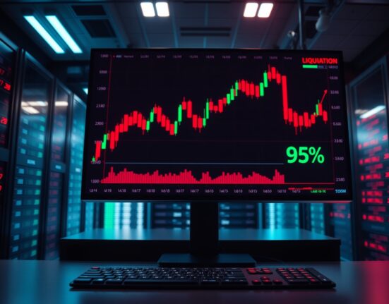 Digital trading screen showing crypto futures liquidation data with red candlestick charts