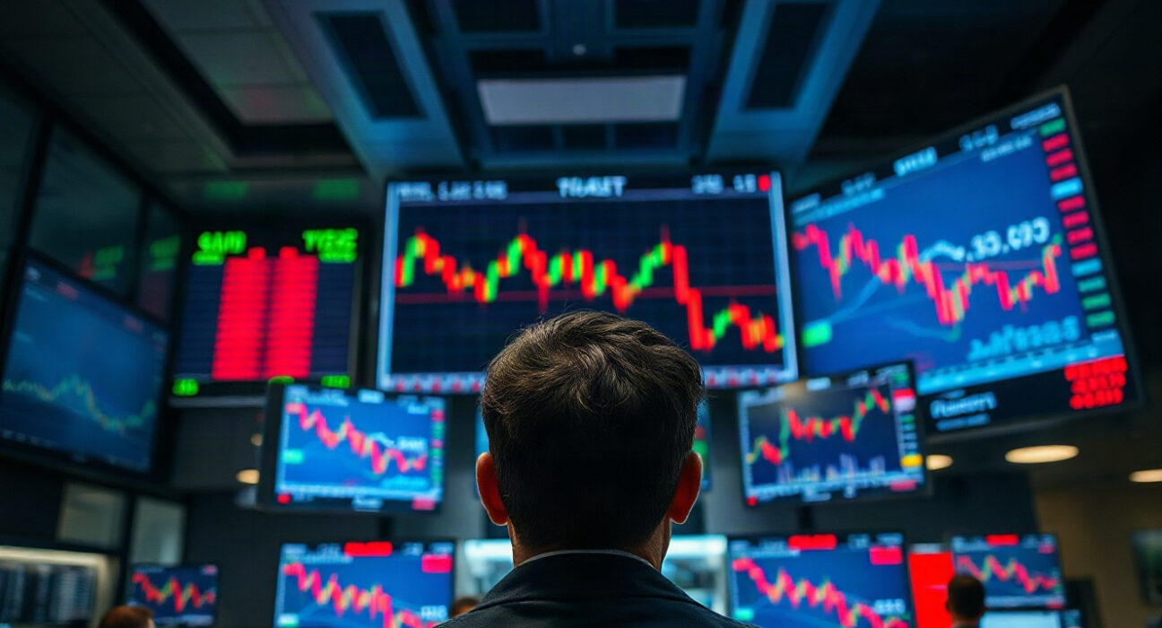 Trading screens showing crypto price charts and liquidation data in a professional trading environment.