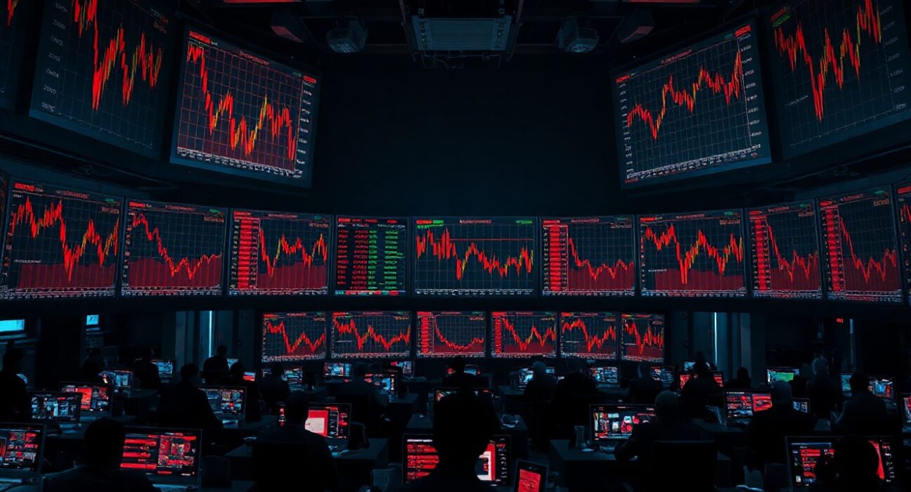 Trading monitors showing red charts on a dimly lit crypto trading floor