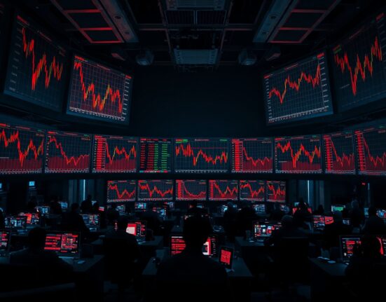 Trading monitors showing red charts on a dimly lit crypto trading floor