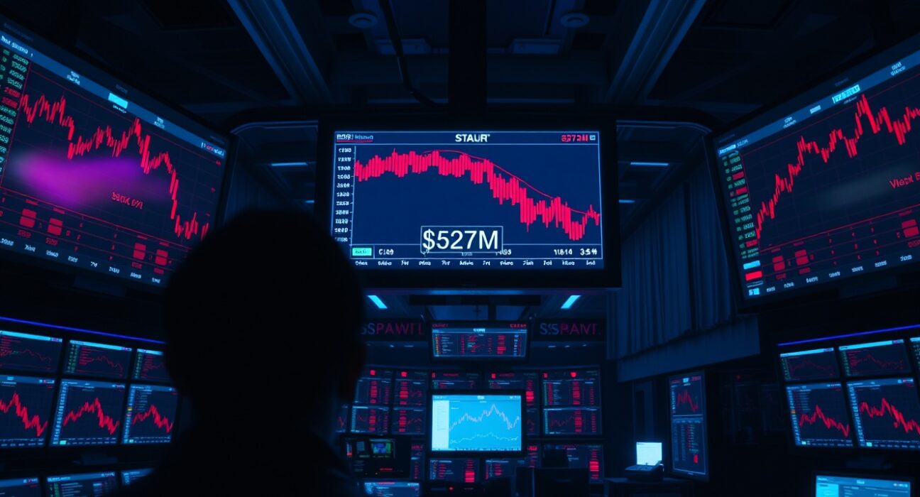 Trading screens showing red charts and $527 million in crypto futures liquidations