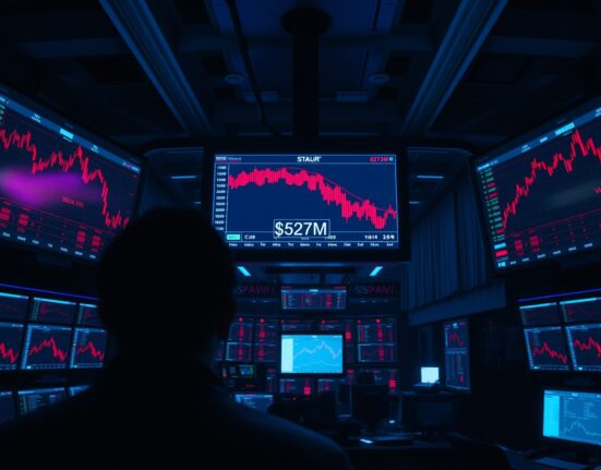 Trading screens showing red charts and $527 million in crypto futures liquidations