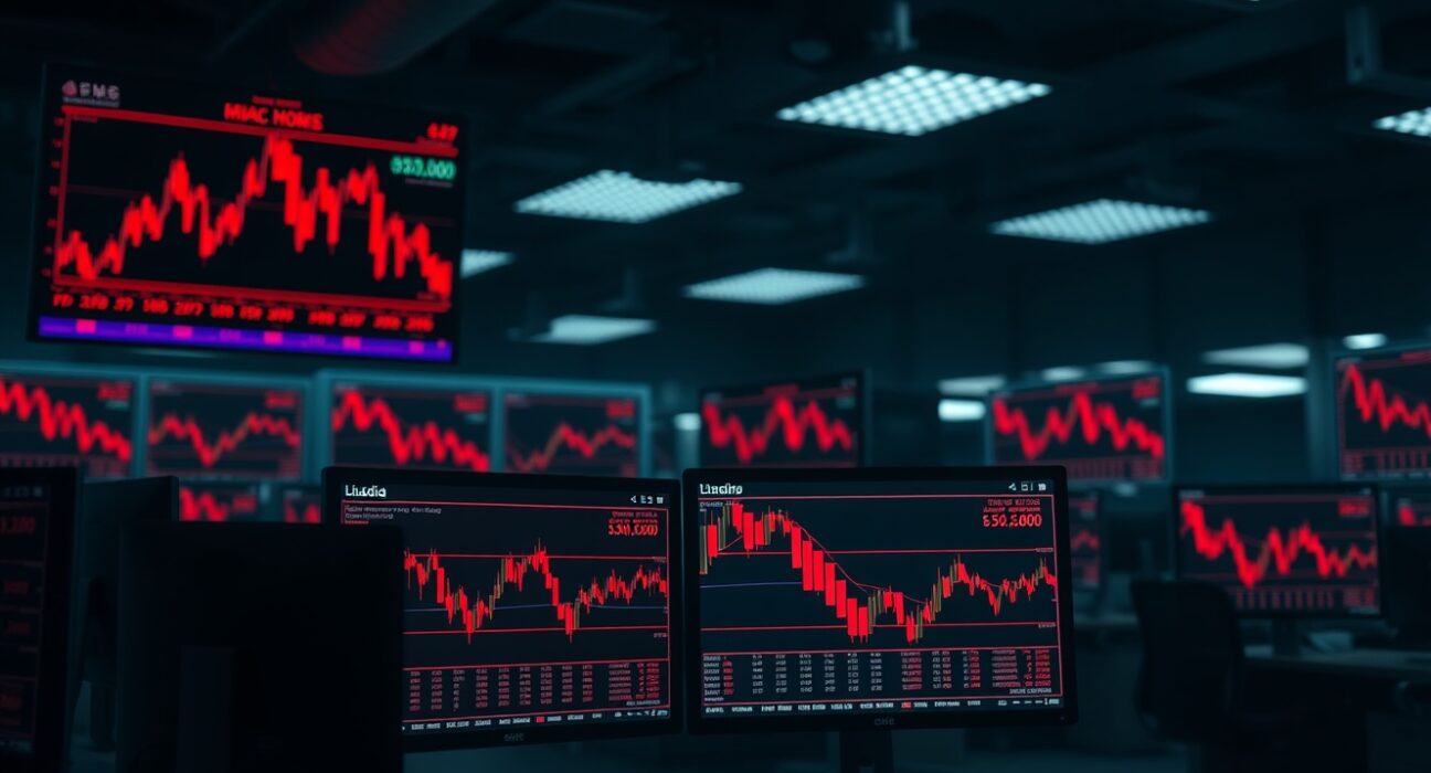 Trading monitors display red charts and liquidation data during a crypto market selloff.