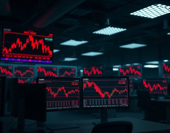 Trading monitors display red charts and liquidation data during a crypto market selloff.
