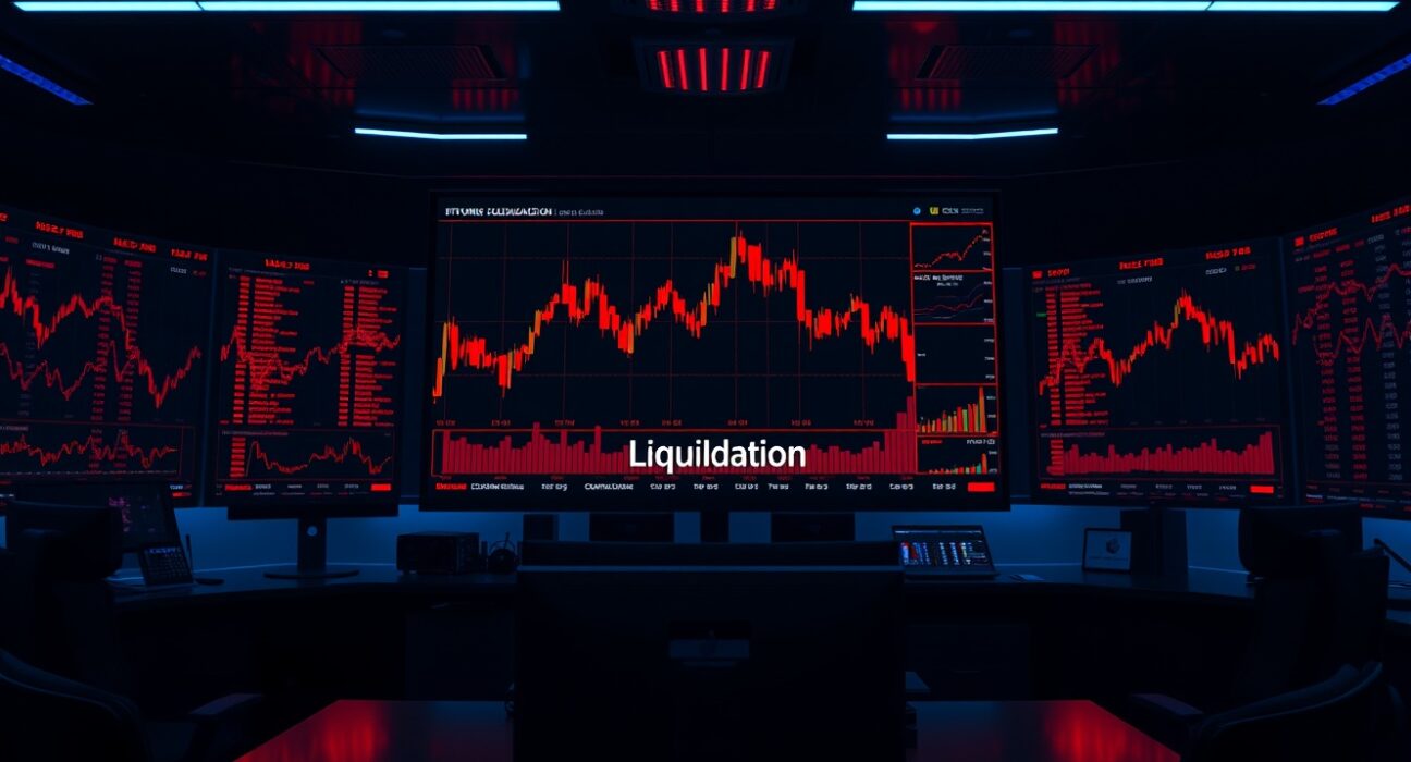 Trading monitors showing Bitcoin price drop and liquidation data on a dark trading floor