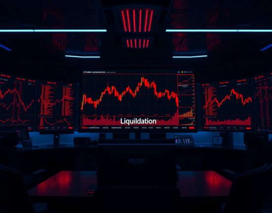 Trading monitors showing Bitcoin price drop and liquidation data on a dark trading floor