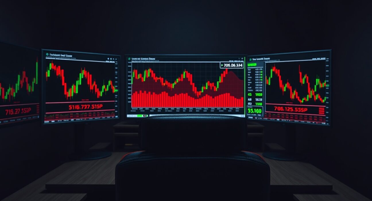 Trading desk monitors showing cryptocurrency futures liquidation data and charts.