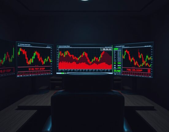 Trading desk monitors showing cryptocurrency futures liquidation data and charts.