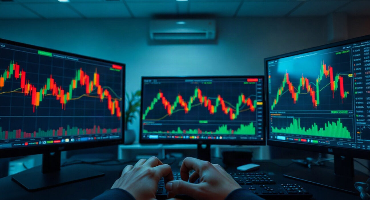 Trader monitoring crypto futures liquidation charts on multiple screens in a dim office