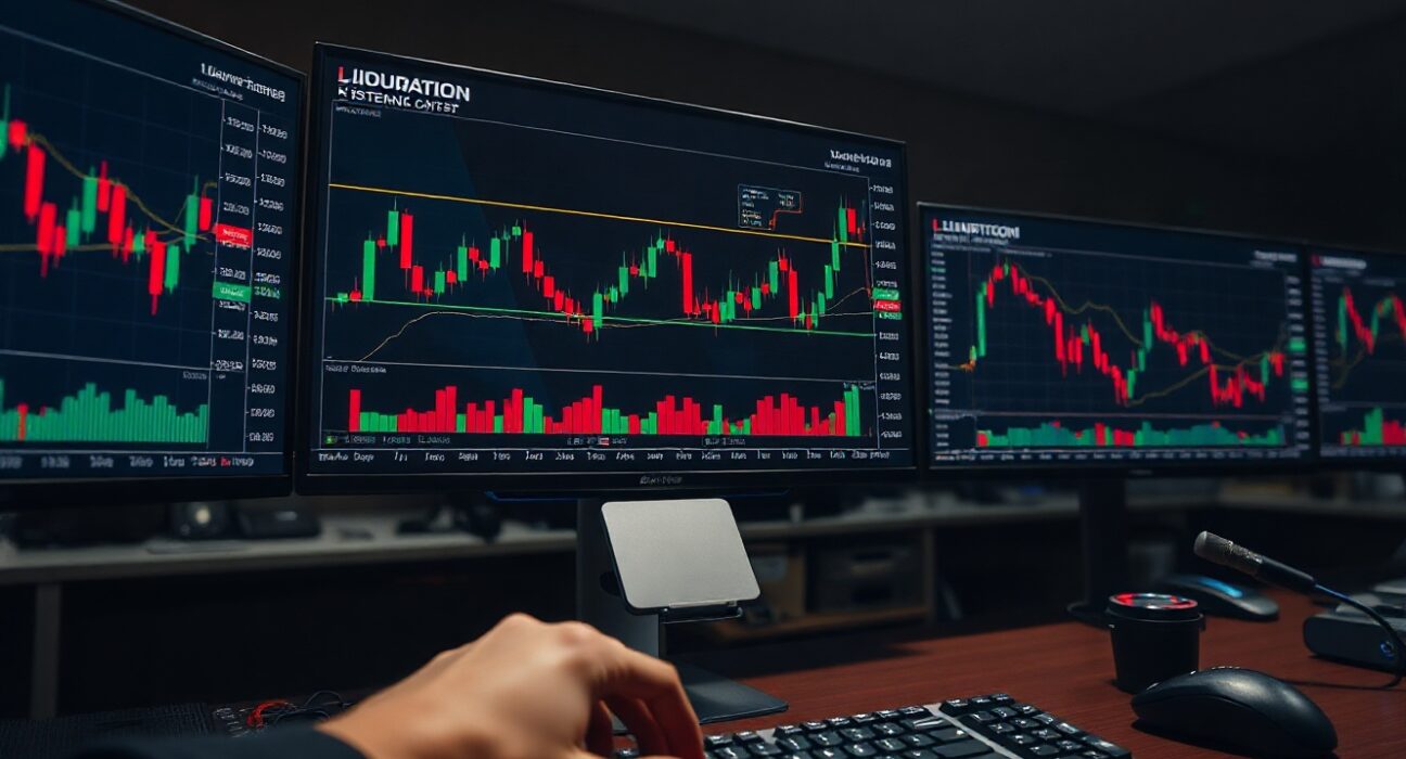 Trading desk with monitors showing crypto futures charts and liquidation data