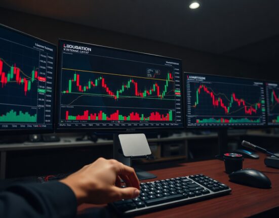 Trading desk with monitors showing crypto futures charts and liquidation data