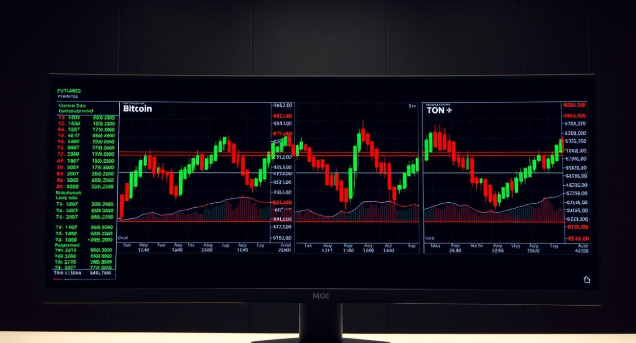 Cryptocurrency futures liquidation data on trading screens showing Bitcoin, Ethereum, and TON positions