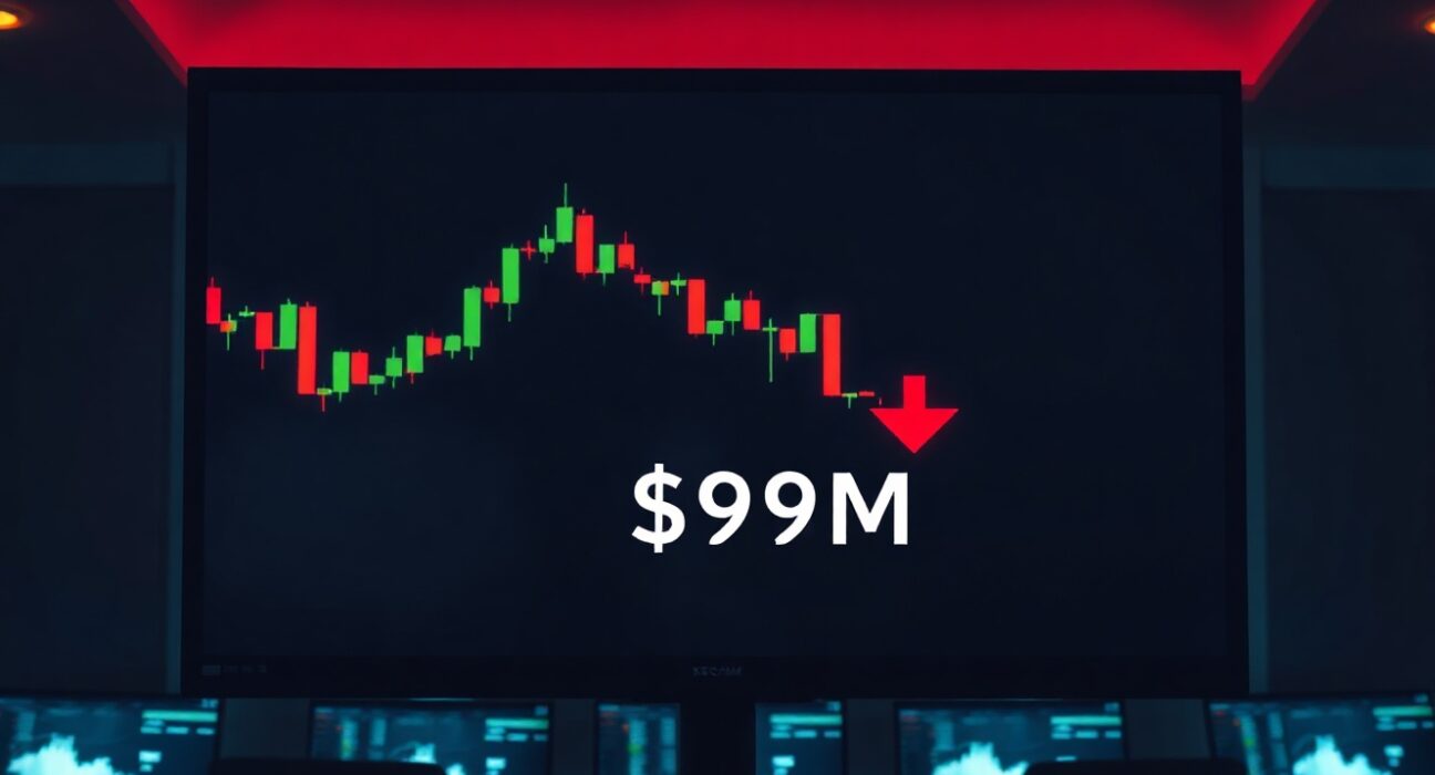 Digital trading screen showing $99 million in crypto futures liquidations with red candlestick charts.