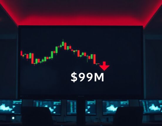 Digital trading screen showing $99 million in crypto futures liquidations with red candlestick charts.