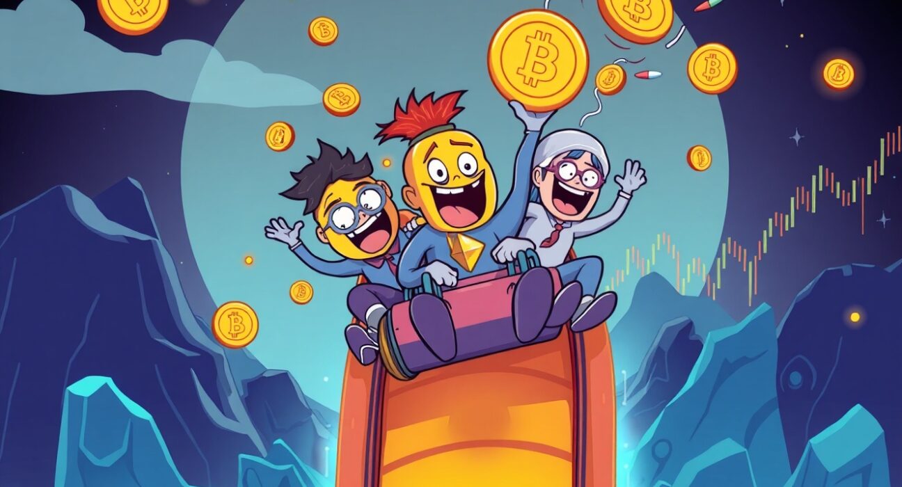 Dramatic cartoon illustration of crypto futures liquidations showing coins in distress during market volatility