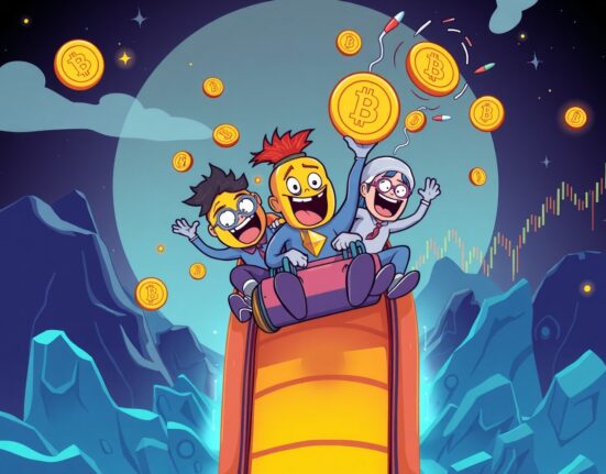 Dramatic cartoon illustration of crypto futures liquidations showing coins in distress during market volatility