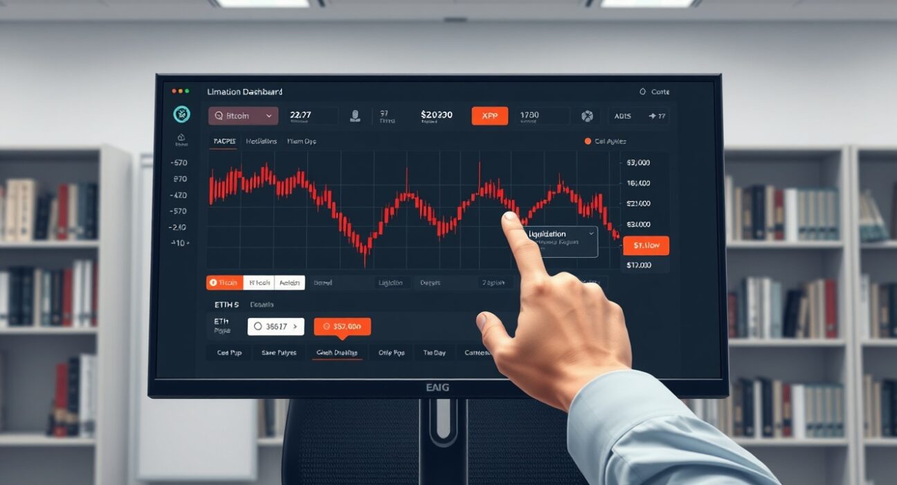 Analyst monitoring cryptocurrency futures liquidations on trading dashboard showing Bitcoin, Ethereum, and XRP data