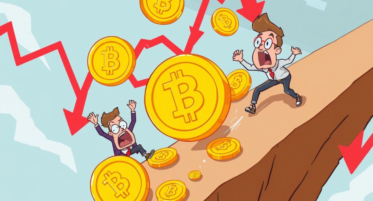 Cartoon illustration showing massive crypto futures liquidations with coins tumbling and traders reacting to market downturn