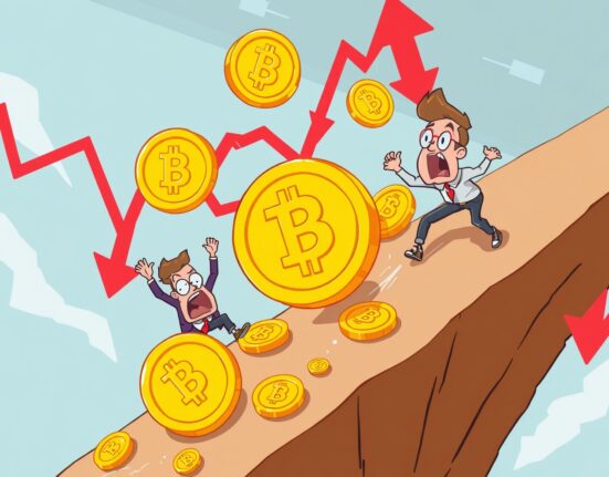 Cartoon illustration showing massive crypto futures liquidations with coins tumbling and traders reacting to market downturn