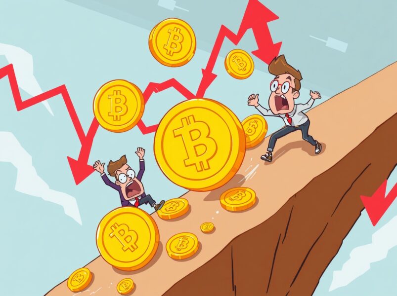 Cartoon illustration showing massive crypto futures liquidations with coins tumbling and traders reacting to market downturn