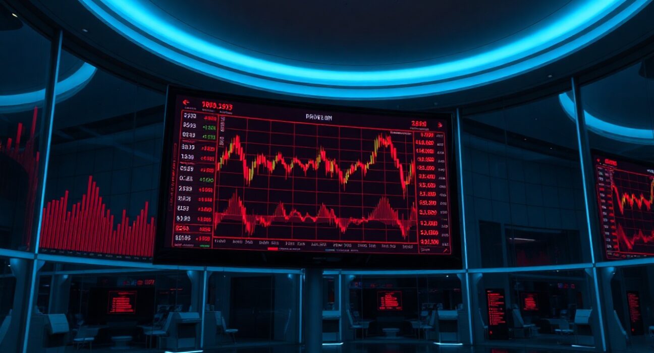 Digital trading screens showing crypto futures liquidation data with red charts and falling prices.