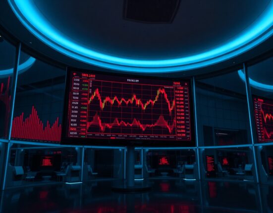 Digital trading screens showing crypto futures liquidation data with red charts and falling prices.