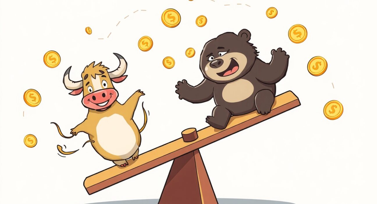 A vibrant cartoon illustrating the volatile nature of crypto futures liquidations with bulls, bears, and flying coins.